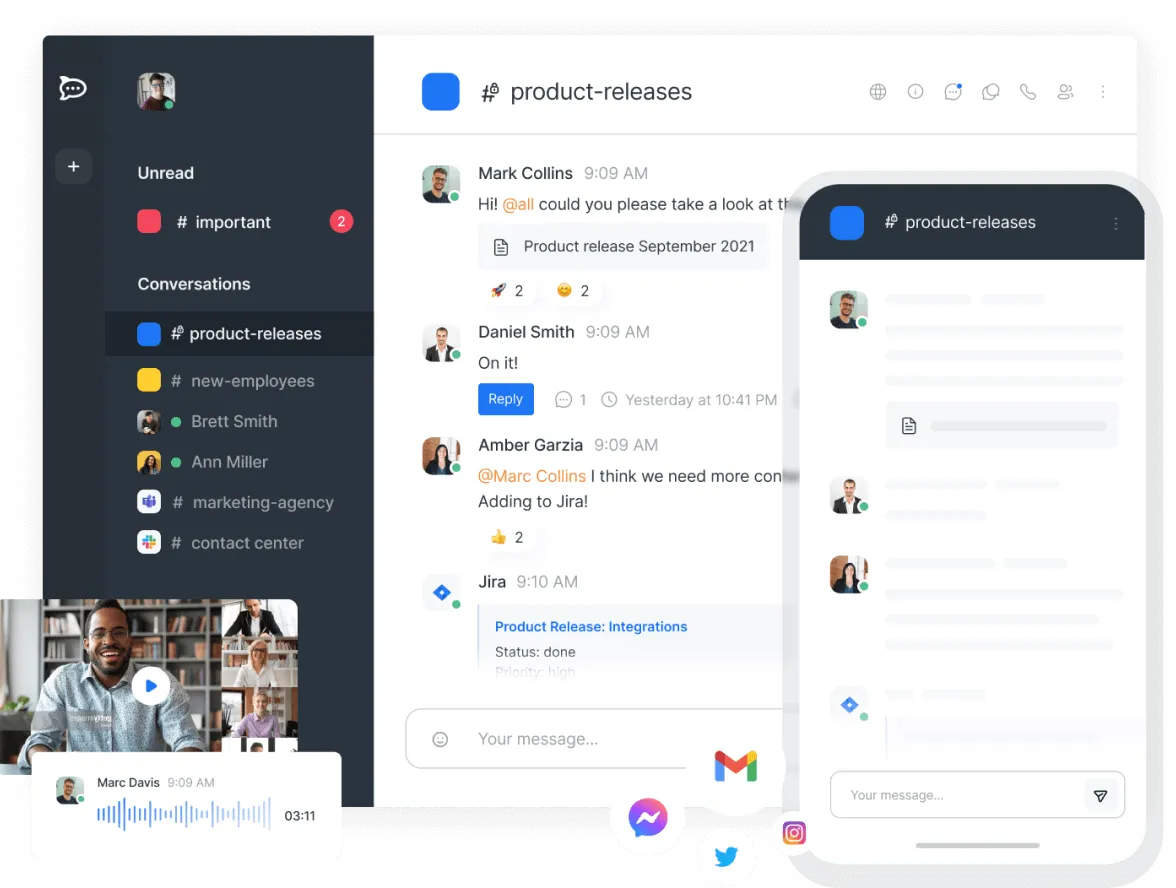 User interface of a messaging app showing conversation threads, including messages about product releases and Jira integration, displayed on desktop and mobile screens with video call and audio message features.