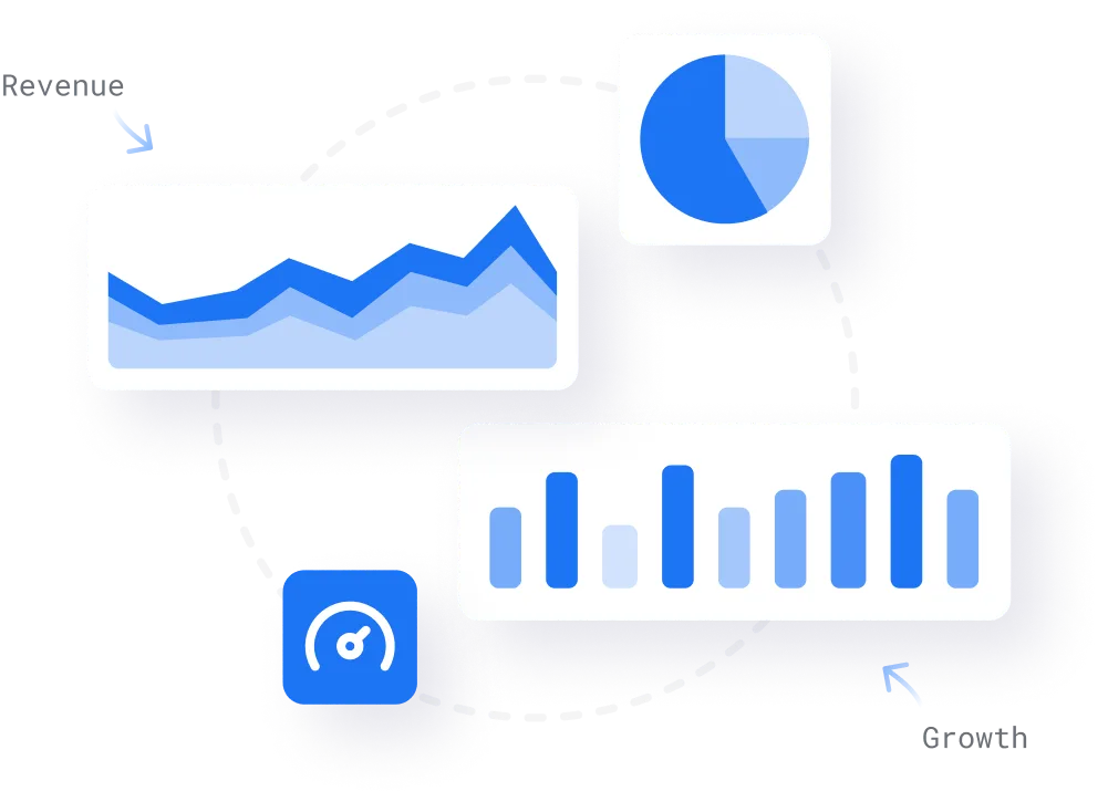 Illustration of various blue-toned charts including a line chart, pie chart, bar chart, and a speedometer icon connected by dashed lines.