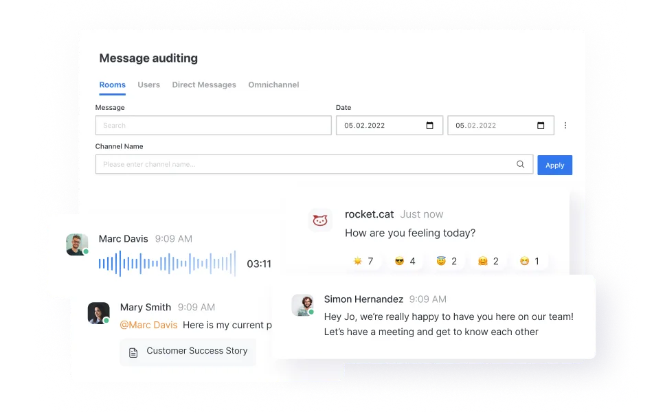 Message auditing interface displaying chat tabs for Rooms, Users, Direct Messages, and Omnichannel with message search and date filters; shows sample messages including an audio message from Marc Davis, a file message from Mary Smith, an emoji reaction message from rocket.cat, and a welcoming text message from Simon Hernandez.
