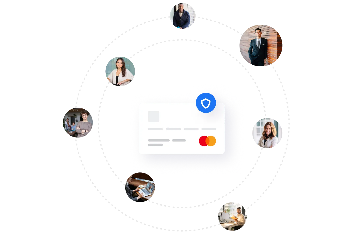 Illustration of a secure Mastercard credit card surrounded by diverse professionals connected in a network.