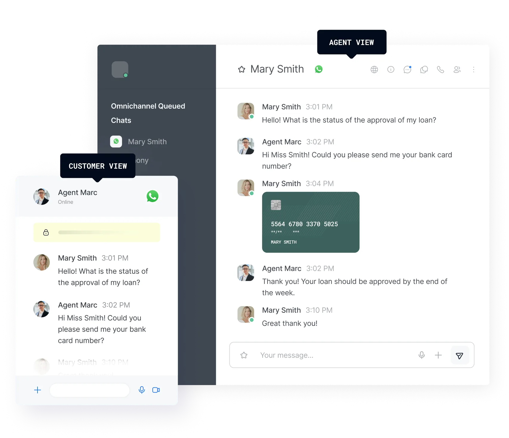 Split screen showing a customer chat with Agent Marc on WhatsApp, where Mary Smith shares masked bank card details and discusses loan approval status.
