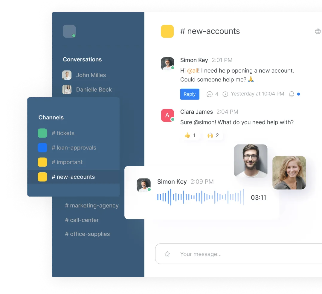 Chat interface showing a '# new-accounts' channel with a conversation between Simon Key asking for help opening a new account and Ciara James responding, plus a 3-minute voice message from Simon Key.