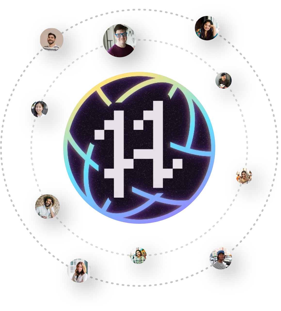 Digital globe with pixelated number 13 at the center surrounded by circular portraits of diverse smiling people.