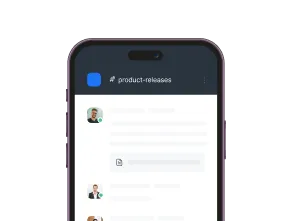 Smartphone screen showing a chat app with a #product-releases channel, displaying messages and profile pictures.