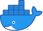 Blue whale icon with containers stacked on its back.