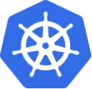 Kubernetes logo featuring a white ship's wheel with seven spokes on a blue background.