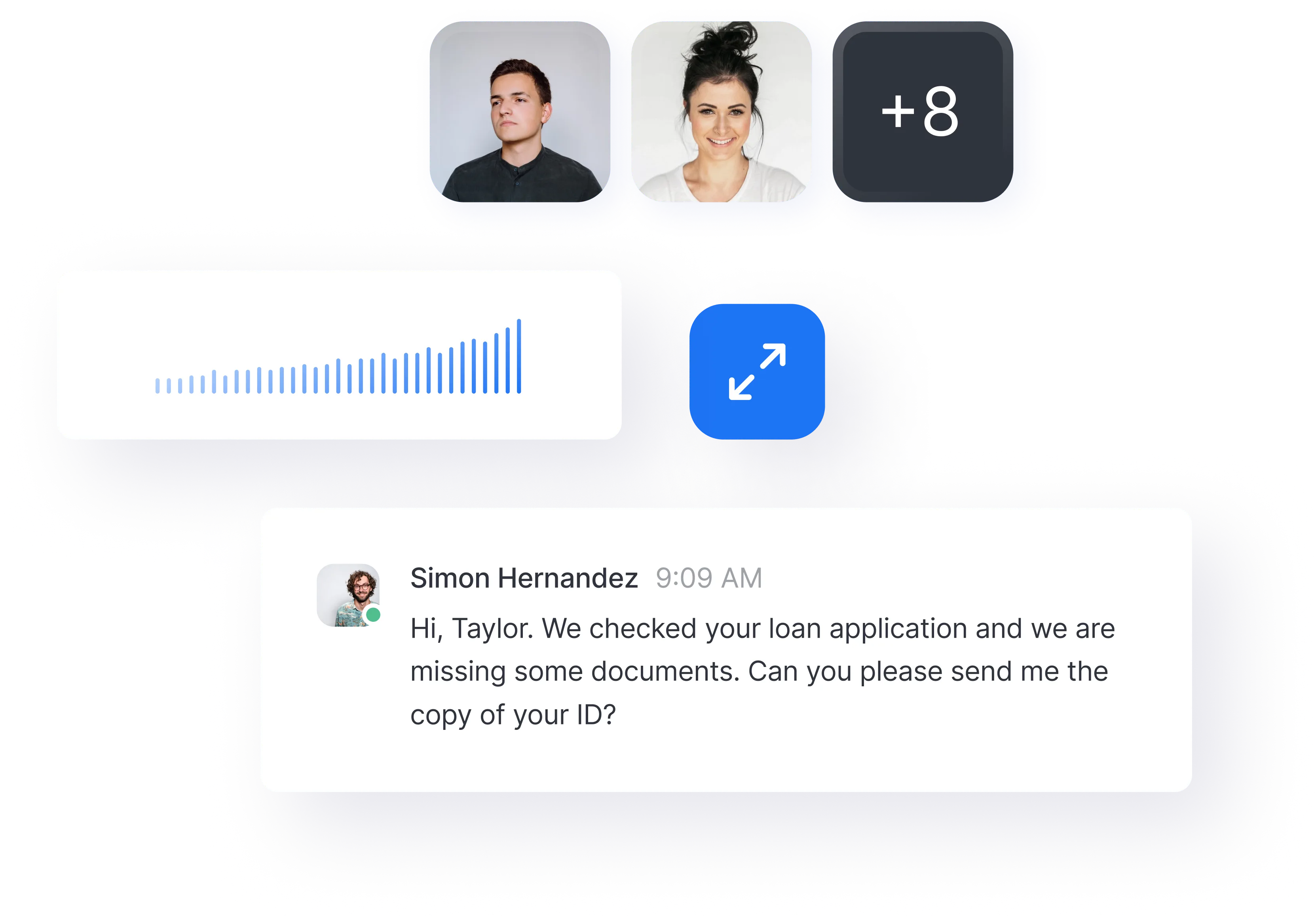 Chat message from Simon Hernandez asking Taylor to send a copy of their ID for missing loan application documents, with user avatars and a volume-like bar graph above.