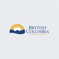 Logo of British Columbia with stylized sun rising over mountains.