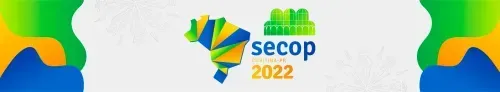 Colorful modern graphic of Brazil map with green, yellow, blue shapes and the text 'secop Curitiba-PR 2022' on white background.