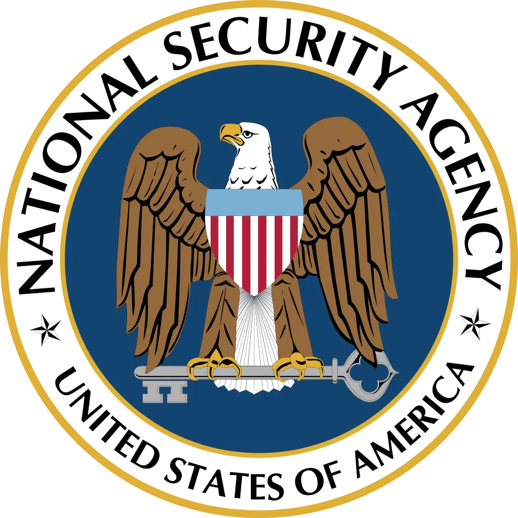 Seal of the U.S. National Security Agency featuring a bald eagle holding a key, with a shield of red and white stripes and a blue top, encircled by the text 'National Security Agency United States of America'.