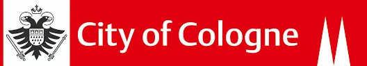 City of Cologne logo featuring a black eagle crest and stylized white cathedral towers on a red background.