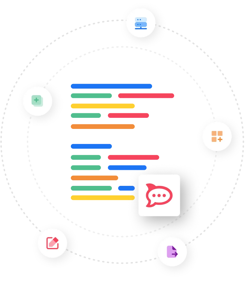 Colorful lines of code in the center surrounded by six circular icons representing server, add, grid, chat, edit, and document functions connected by dotted lines.