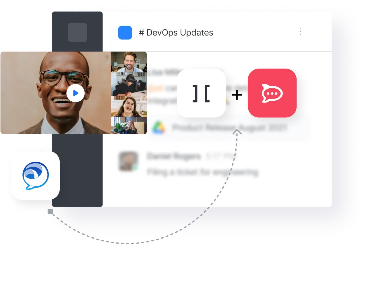 Interface showing DevOps Updates channel with a grid of video call participants and icons representing collaboration tools integrated.