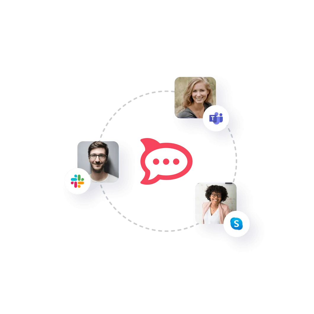 Three profile pictures connected around a central red speech bubble icon, each with a communication app logo: Slack, Microsoft Teams, and Skype.