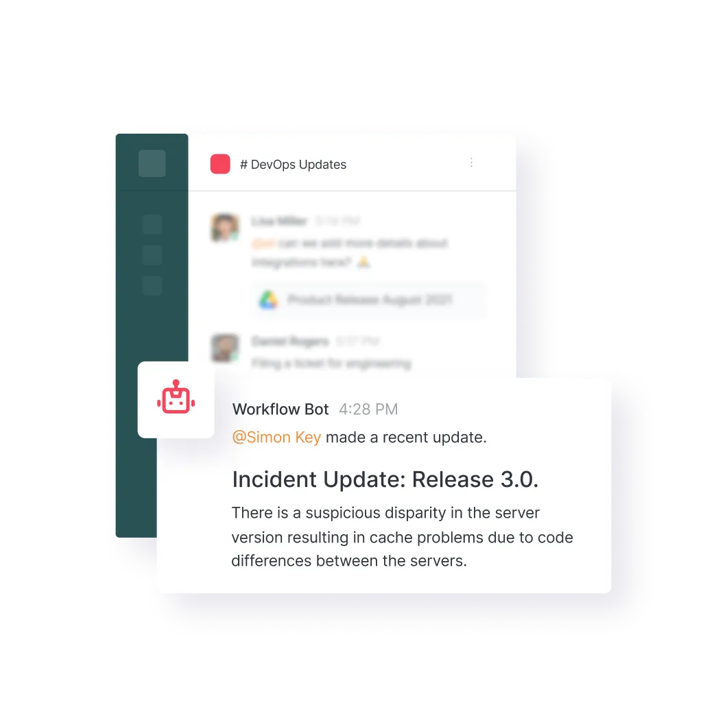 Chat interface showing a Workflow Bot message about an incident update for Release 3.0, noting cache problems caused by code differences between server versions.