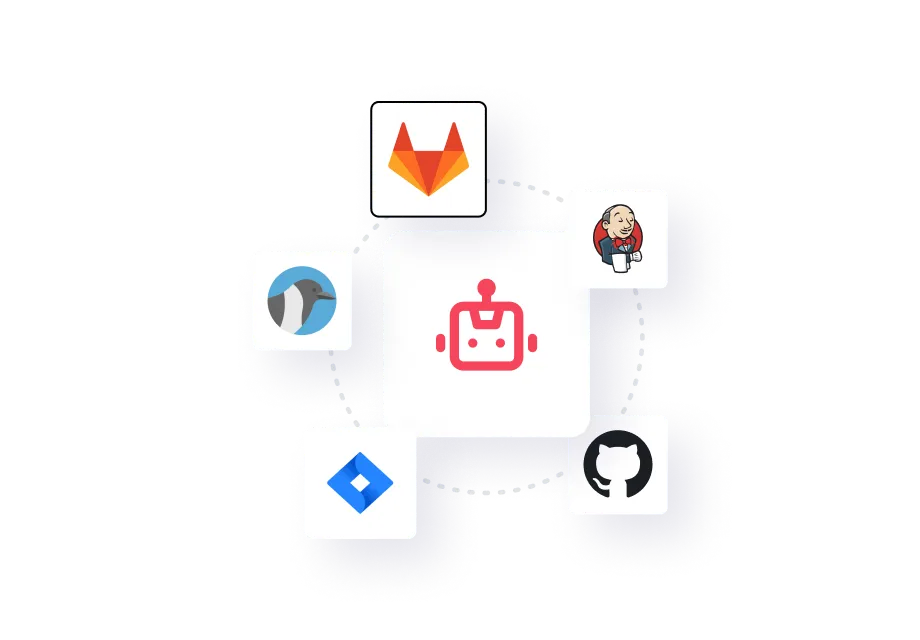 Central robot icon connected by dotted lines to surrounding icons of GitLab, Jenkins, GitHub, Jira, and SonarQube.