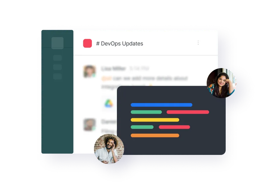 Messaging interface labeled # DevOps Updates with blurred chat messages and user profile icons, alongside an overlay showing colorful lines of code.