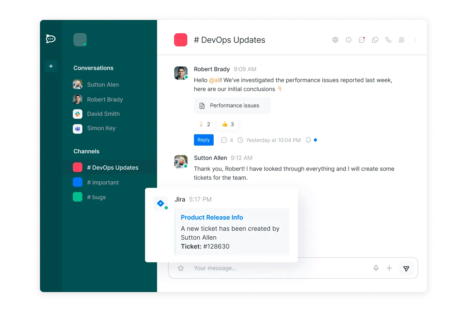 Chat interface in # DevOps Updates channel showing messages about performance issues and ticket creation with user avatars and reply options.