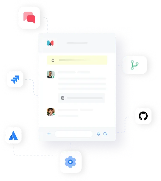 Central chat interface connected by dotted lines to six app icons including Slack, Jira, Atlassian, GitHub, integration nodes, and settings gear.