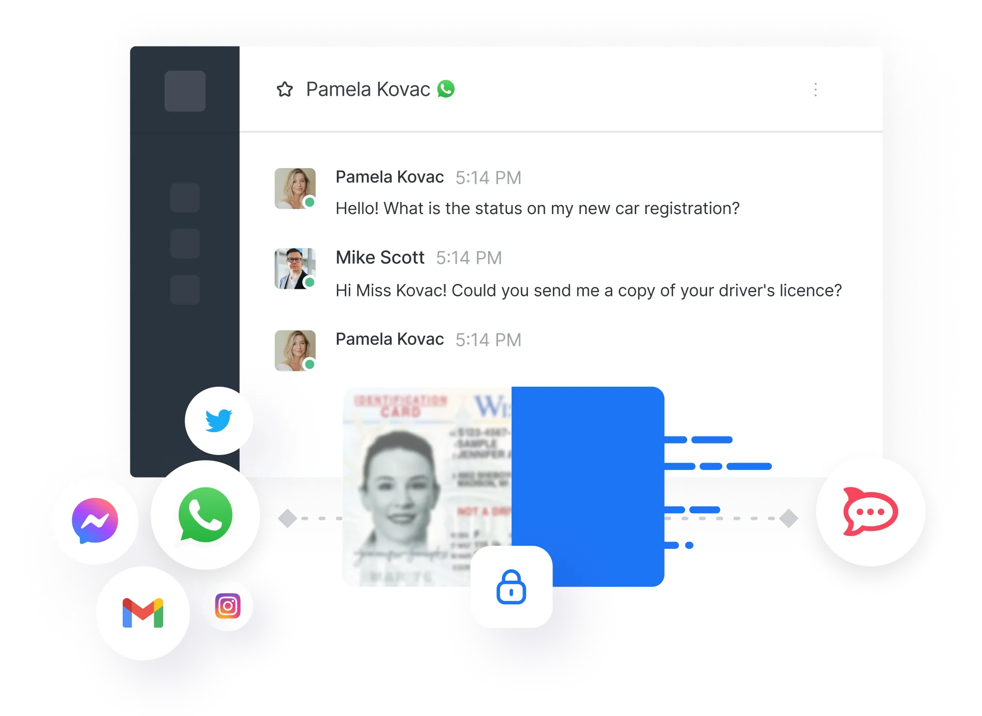 Chat interface showing conversation between Pamela Kovac and Mike Scott about car registration and driver's license, with icons for social media and messaging apps around it.