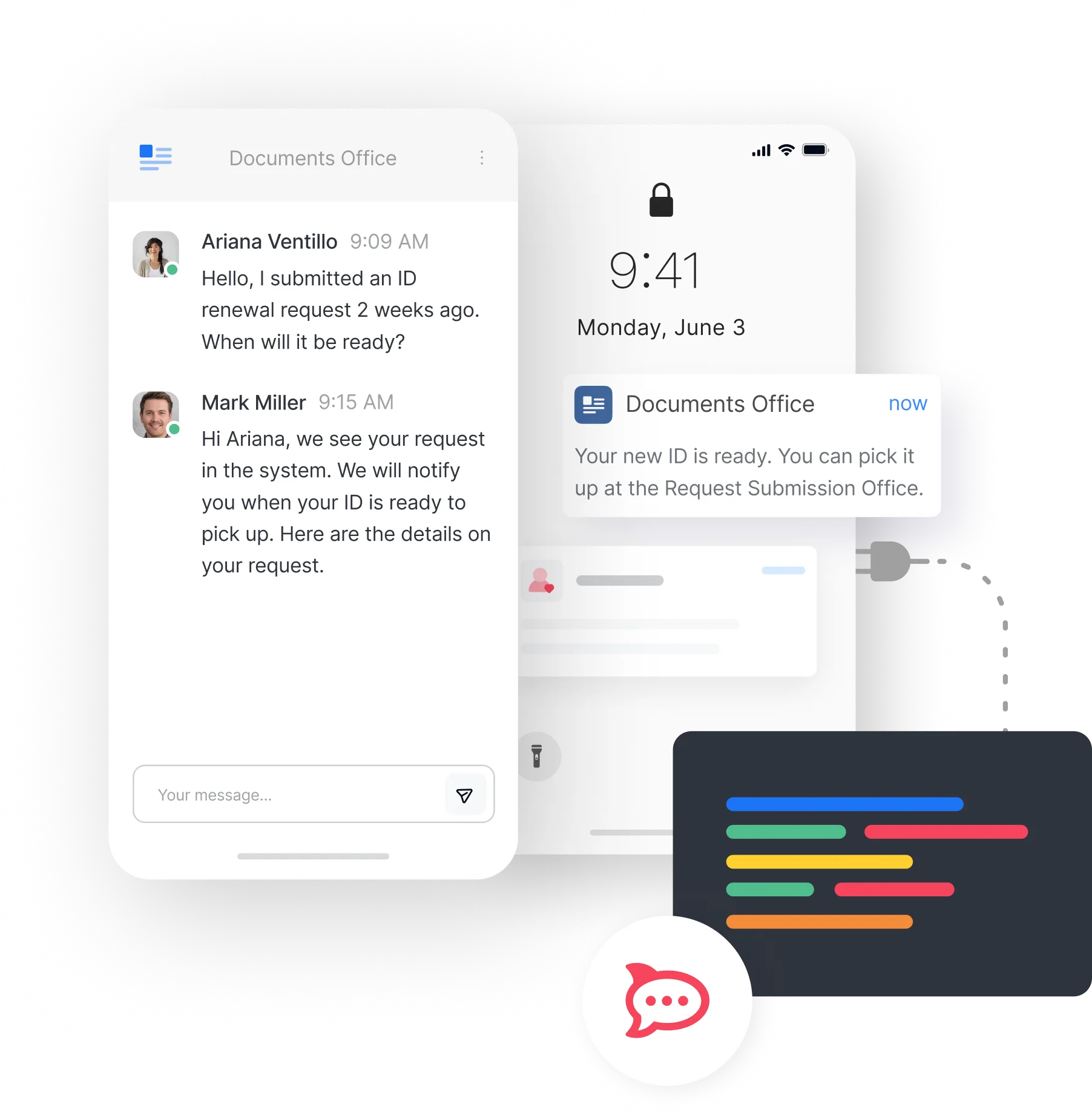 Smartphone screen showing a messaging app conversation about ID renewal status and a notification that the new ID is ready for pickup.