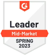 G2 badge showing Leader Mid-Market Spring 2023.