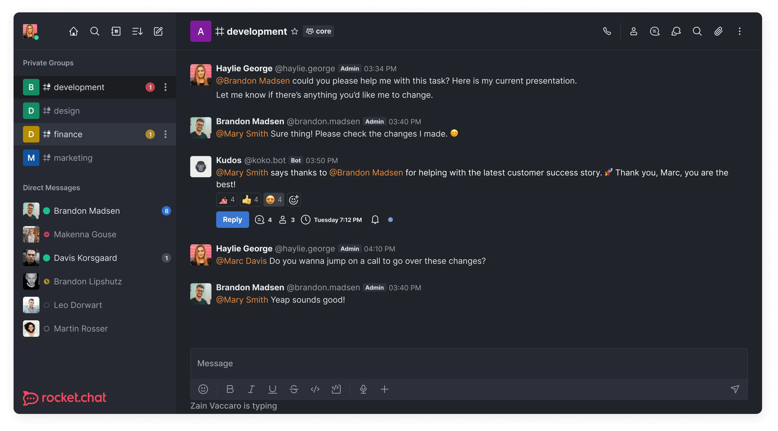 Dark mode Rocket.Chat interface showing a conversation in the #development channel with messages from Haylie George, Brandon Madsen, and a bot named Kudos, along with a sidebar of private groups and direct messages.