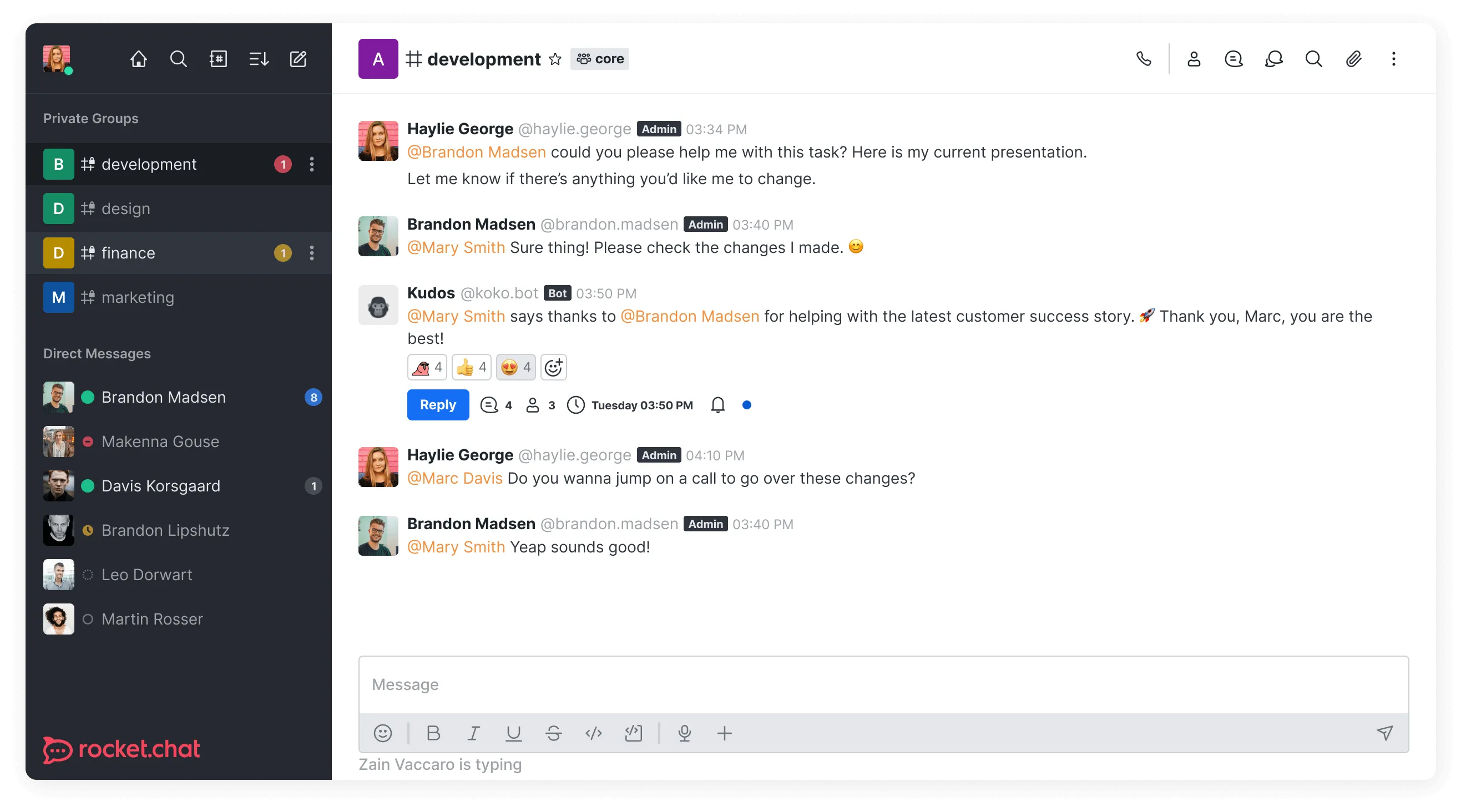 Rocket.Chat interface showing development group chat with messages about task help and customer success, and a sidebar with private groups and direct messages.