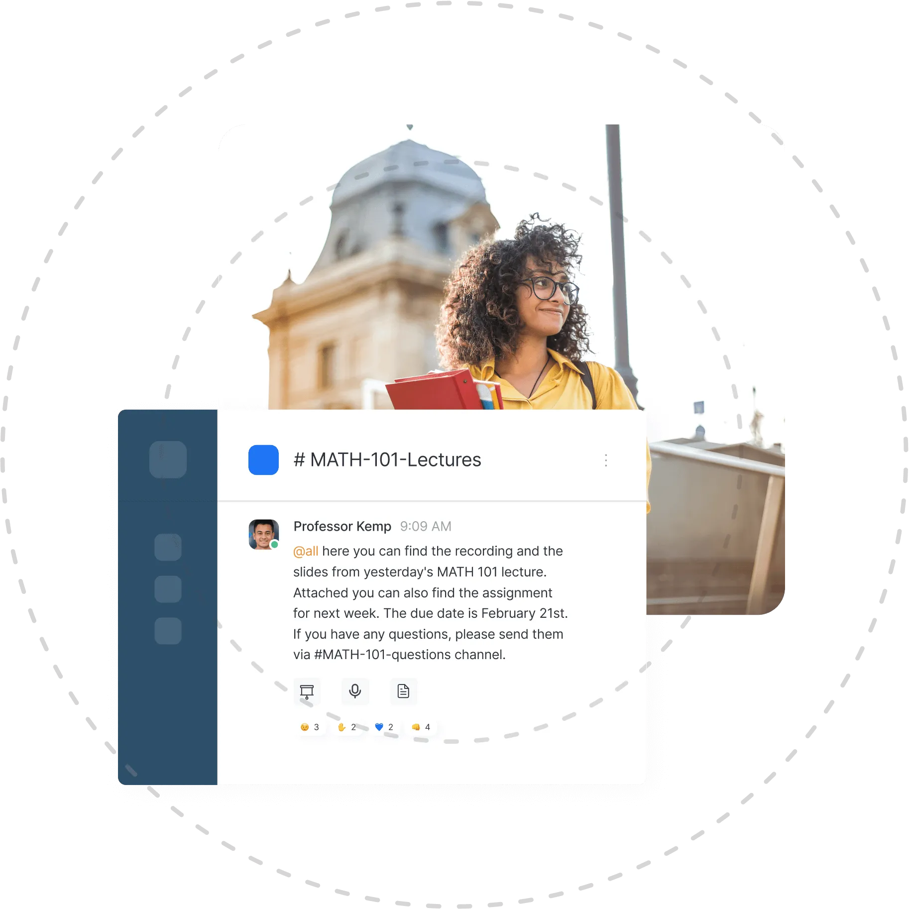 Chat interface showing a message from Professor Kemp about MATH 101 lecture recordings, slides, and assignment due February 21st, with a background image of a smiling student holding books outdoors near a historic building.