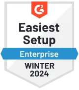 G2 badge with orange shield logo reading 'Easiest Setup Enterprise Winter 2024'.