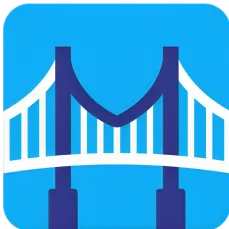 Stylized bridge icon with blue towers and white suspension cables on a blue background.