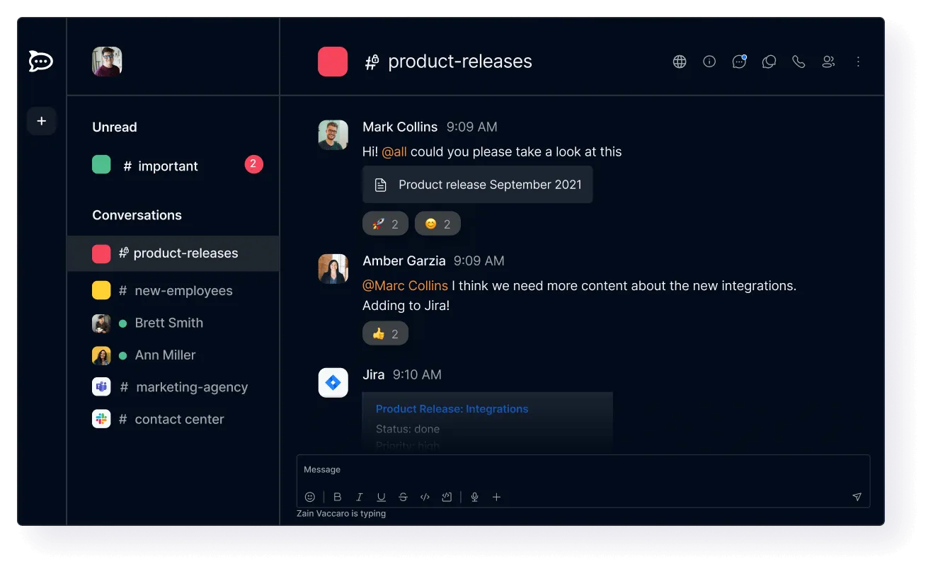 Dark-themed chat interface showing a conversation in the 'product-releases' channel with messages from Mark Collins, Amber Garcia, and Jira, including file and emoji reactions.