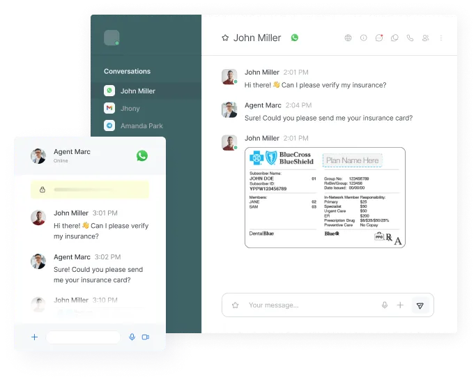 Chat interface showing a conversation between John Miller and Agent Marc about verifying insurance with an image of a BlueCross BlueShield insurance card.