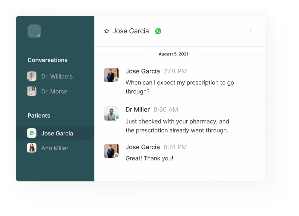 Chat conversation interface showing messages between Jose Garcia and Dr. Miller discussing the status of a prescription.