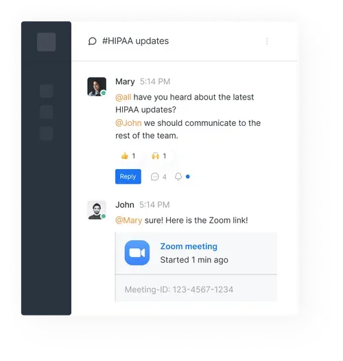 Chat conversation in #HIPAA updates channel where Mary asks about latest HIPAA updates and tags John; John replies with a Zoom meeting link and meeting ID.