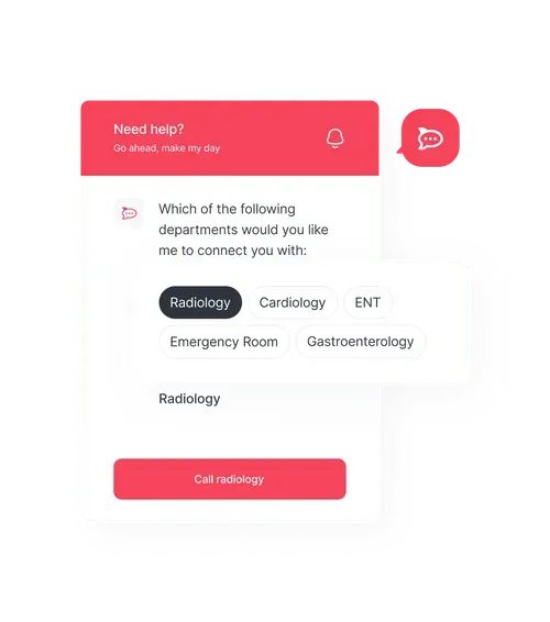 Chat support interface asking which department to connect with, options include Radiology, Cardiology, ENT, Emergency Room, and Gastroenterology, with Radiology selected and a button to call radiology.