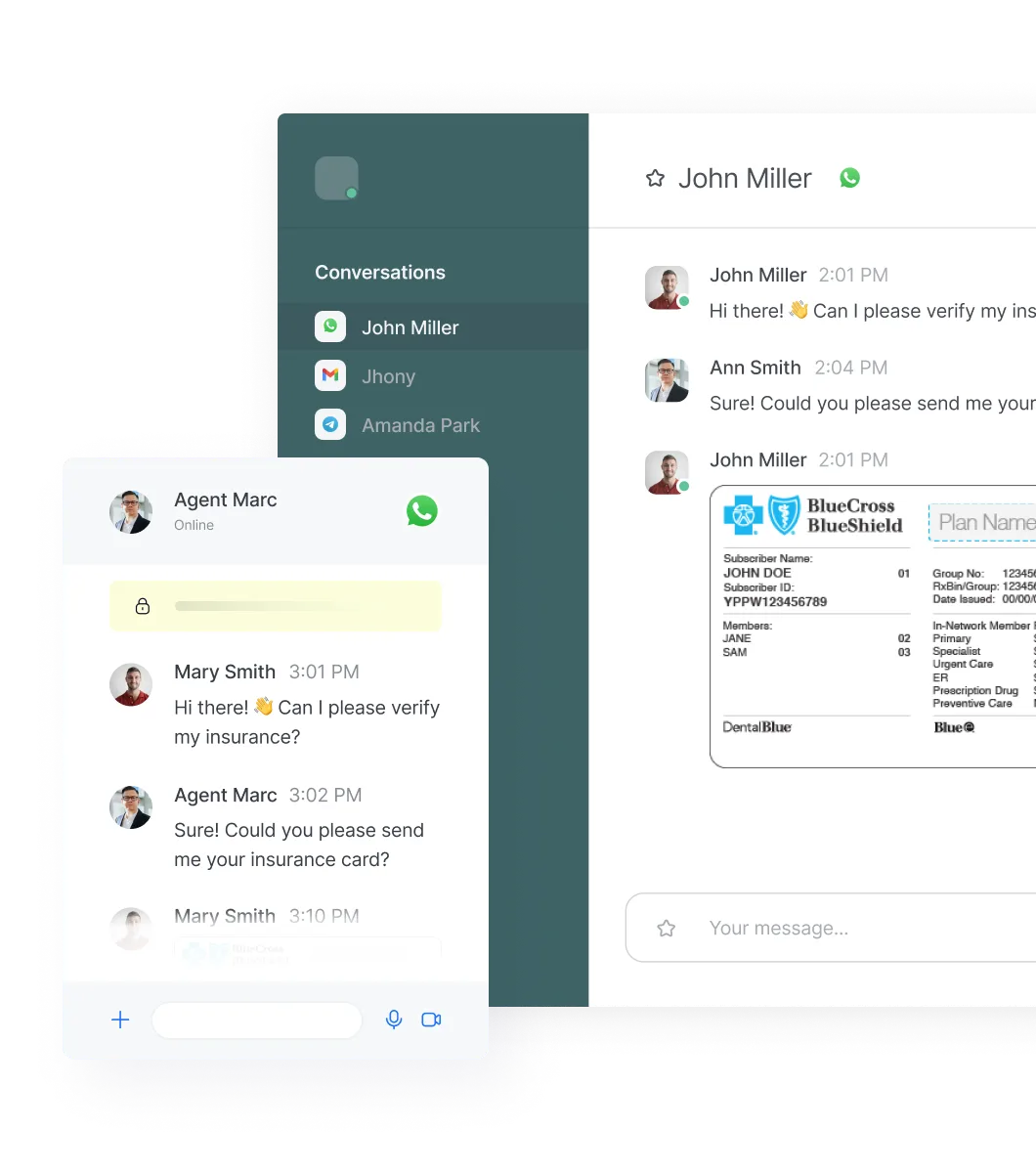 Chat interface showing conversations with John Miller and a mobile chat window where Agent Marc and Mary Smith discuss verifying insurance and sending an insurance card.