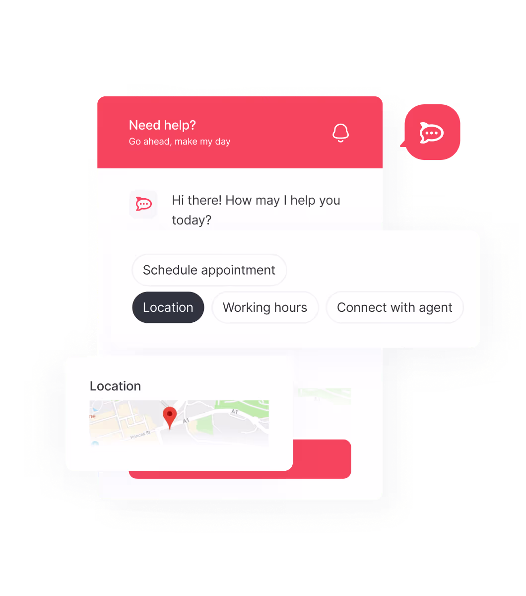 Chatbot interface with message 'Hi there! How may I help you today?' and options to schedule appointment, check location, working hours, or connect with agent, showing map with location pin.