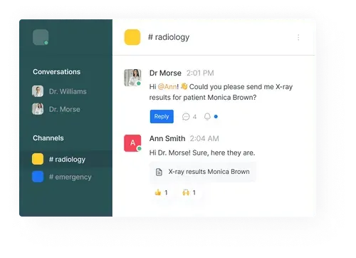 Chat interface showing a conversation in the #radiology channel where Dr. Morse asks Ann Smith for X-ray results for patient Monica Brown, and Ann replies with the attached results.