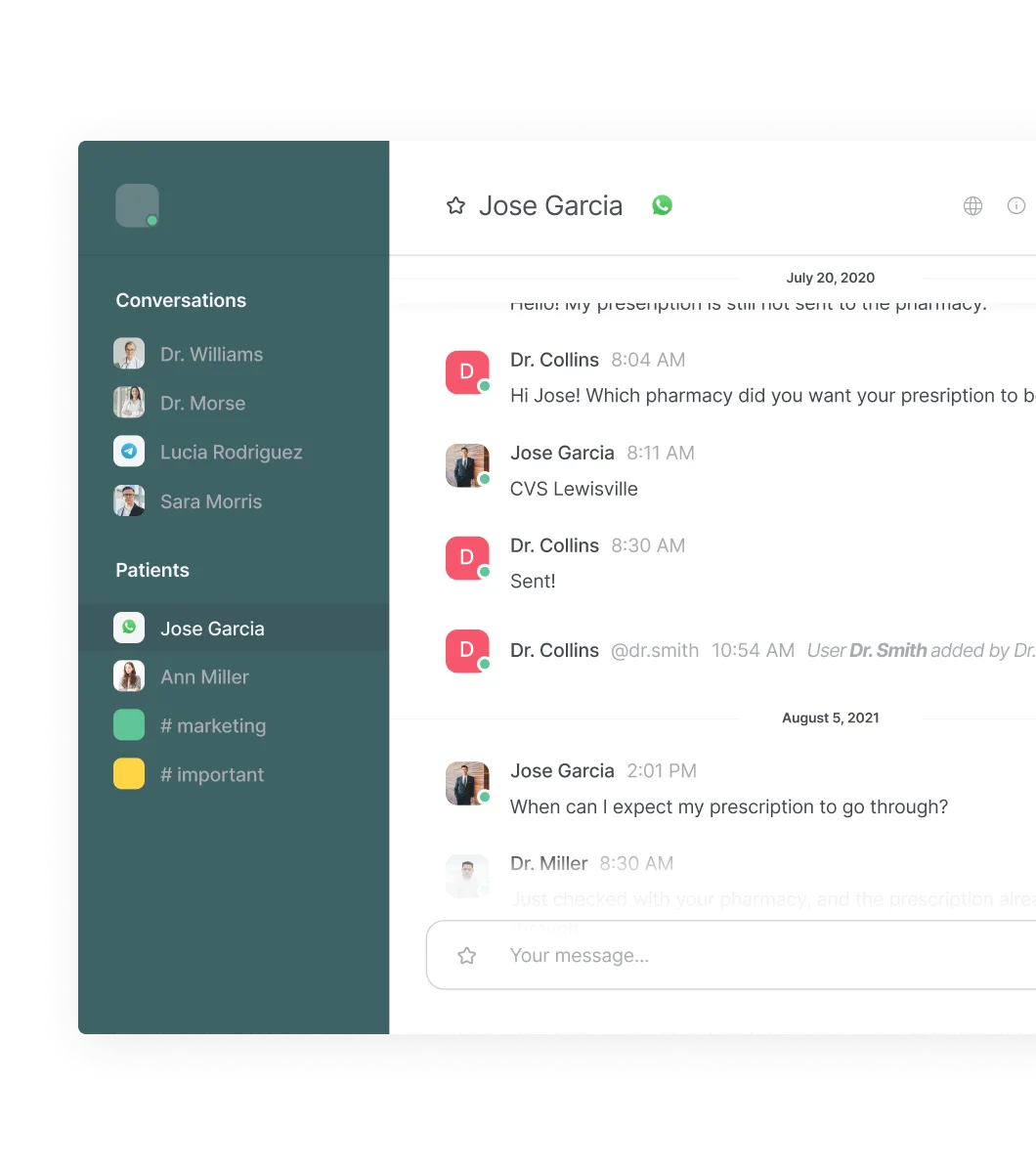 Messaging app interface showing a conversation between Jose Garcia and doctors, discussing pharmacy prescription status.