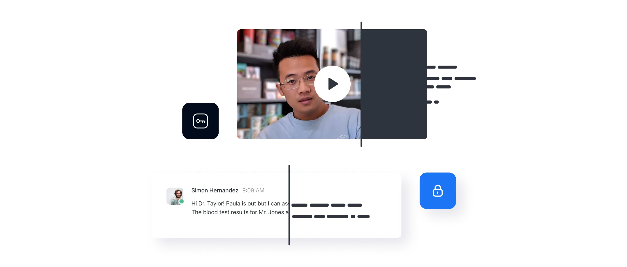 Video thumbnail showing a man with glasses in a casual setting, with a play button overlay and a chat message from Simon Hernandez discussing blood test results, partially redacted, alongside lock and key icons.