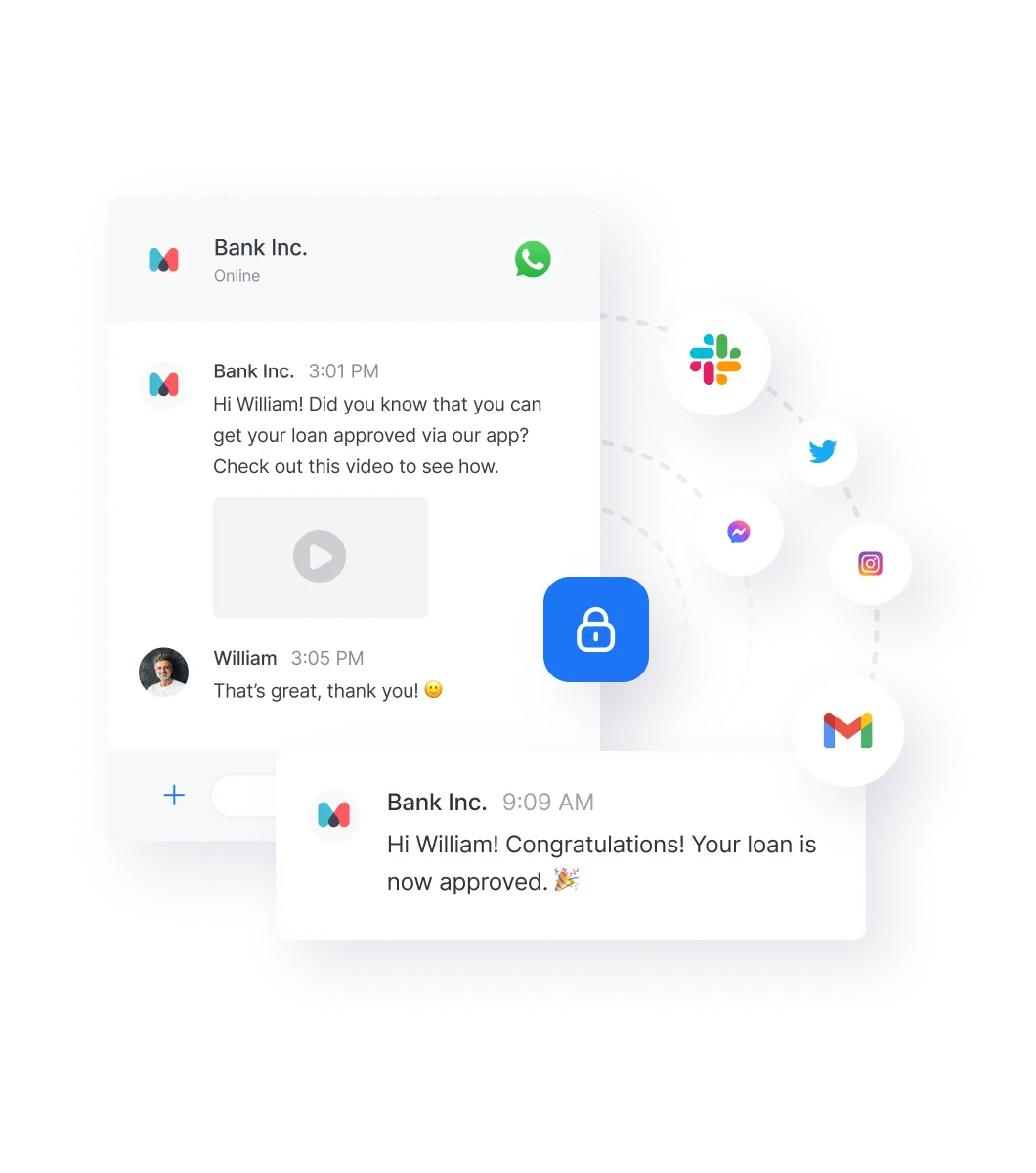 Chat interface with Bank Inc. messaging William about loan approval, showing messages, a video play button, and social media icons.