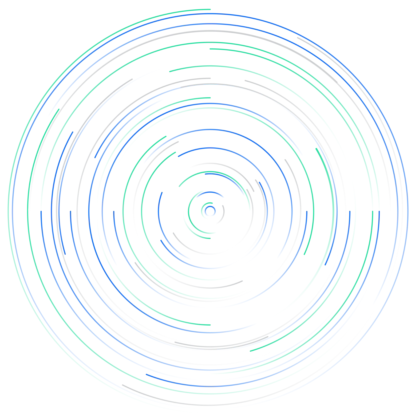 Concentric circular lines in blue, green, and gray on a black background forming a ripple effect.