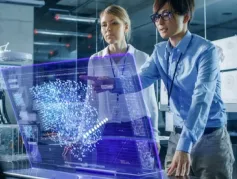 Two professionals analyzing a digital 3D data visualization projected above a transparent screen in a modern office.