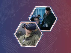 Two hexagonal images showing military personnel using virtual reality technology.