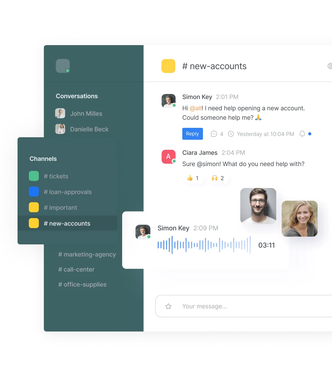 Chat interface showing conversation in #new-accounts channel with messages between Simon Key and Ciara James, including text, reactions, and an audio message.
