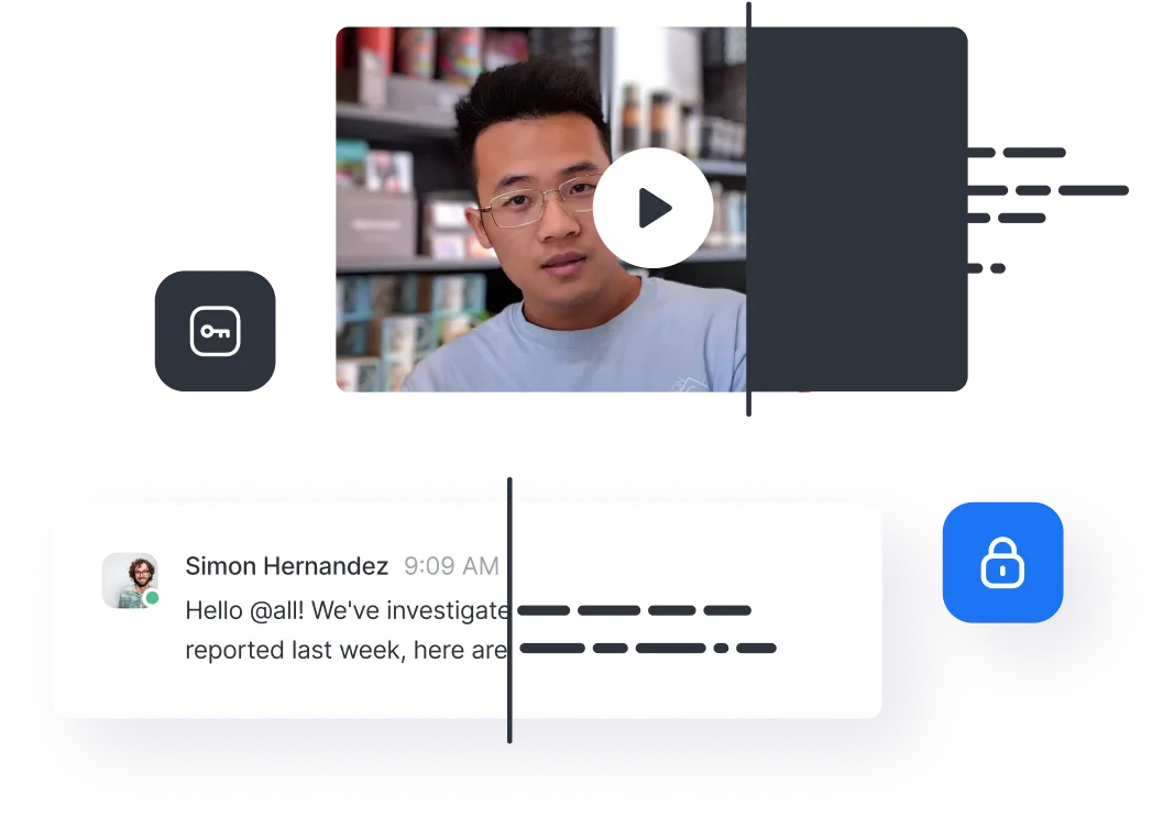 Man with glasses in a video call interface and a blurred chat message with a lock icon indicating secure or encrypted communication.