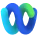 Colorful abstract 3D shape with vibrant green, blue, and purple hues on a light background.