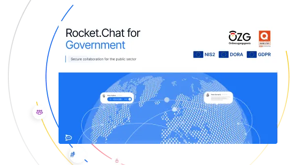 Banner for Rocket.Chat for Government showing a digital globe with connected points and mentioning secure collaboration for the public sector, along with NIS2, DORA, and GDPR compliance logos.