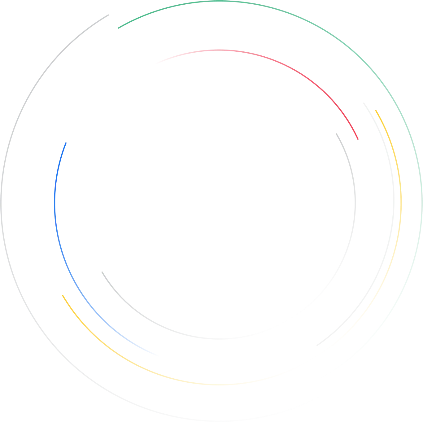 Abstract circular light trails in green, red, blue, yellow, and white on a black background.